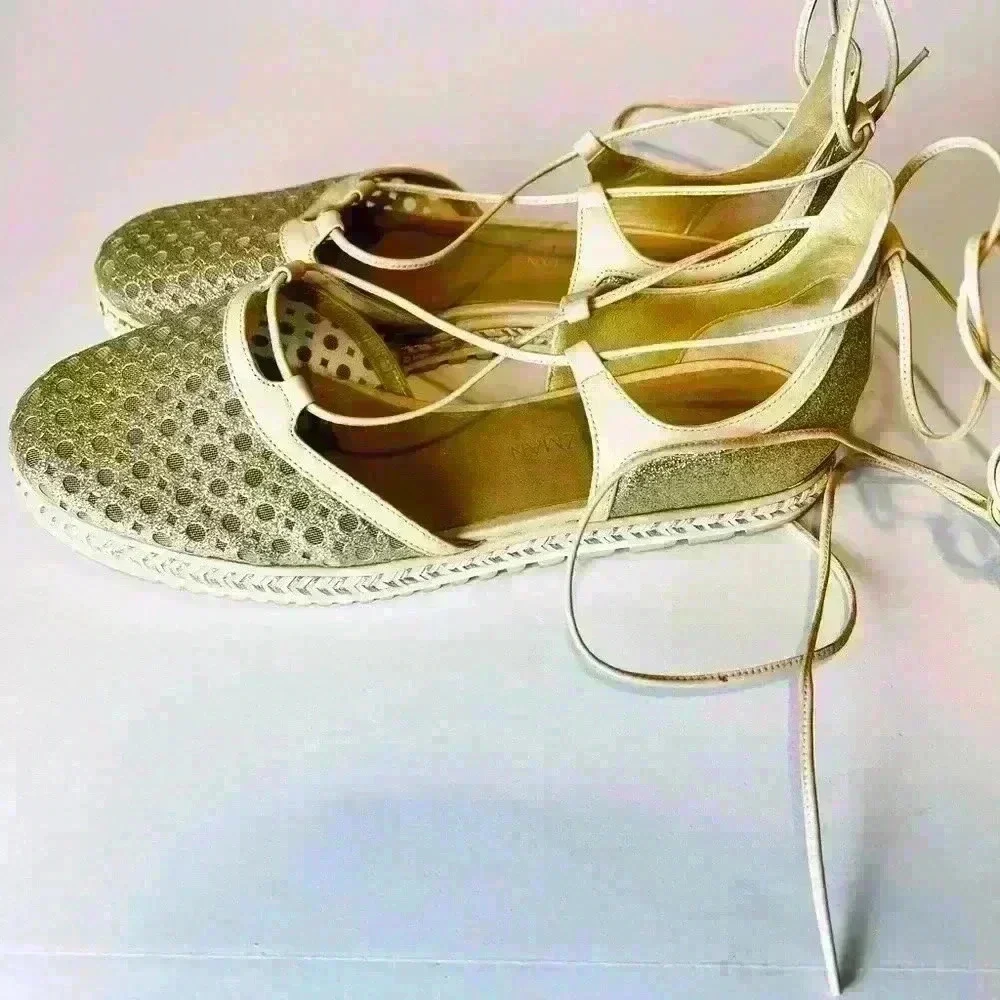 Stuart Weitzman Espadrille with Mesh and Leather Strap-Up Laces.